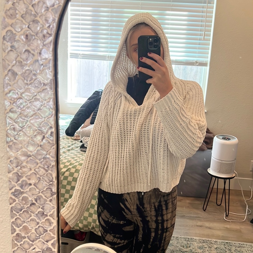 Soft white knit sweater with hood